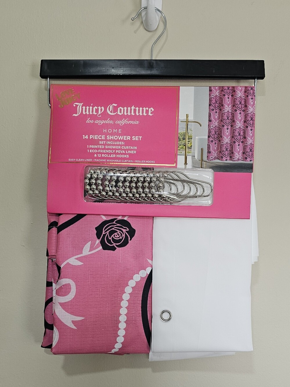 Juicy Couture Pink Printed Shower Curtain Liner & Hooks Set